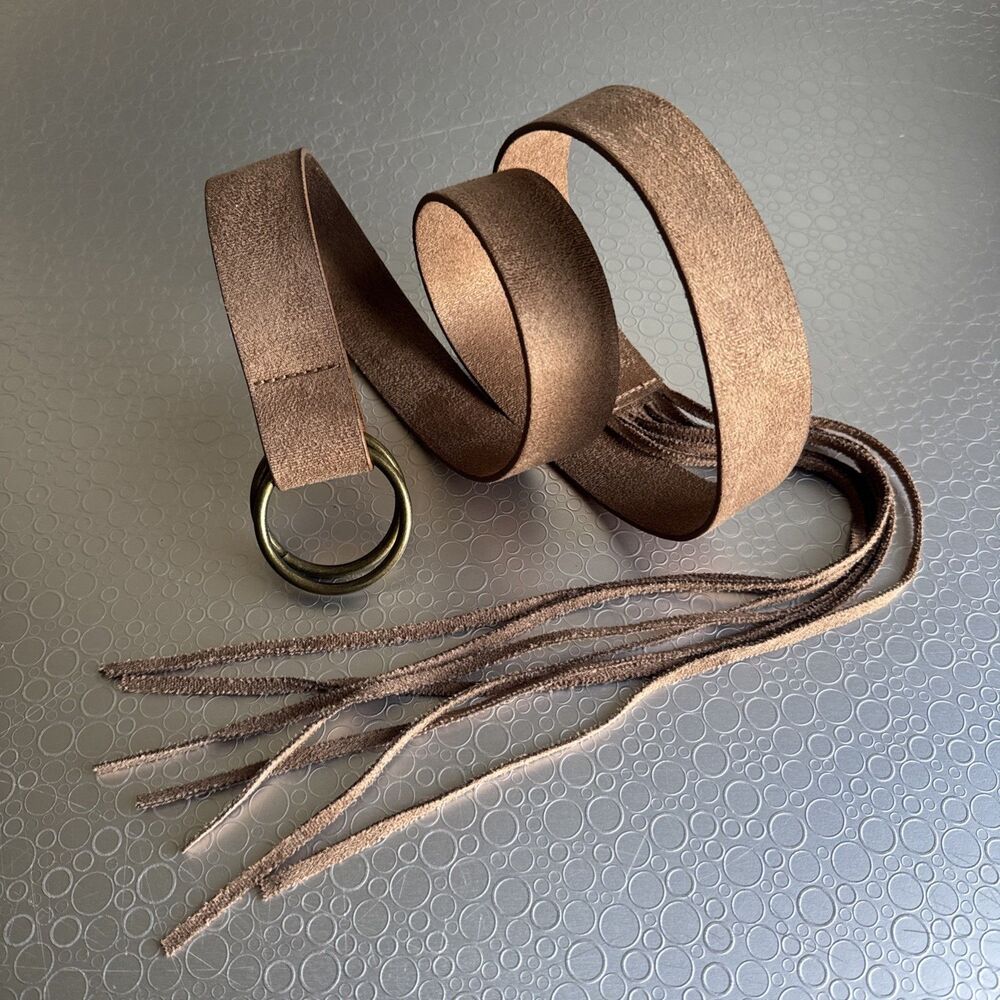 Boho Sueded Fabric Belt Fringe O Ring Adjustable Taupe Festival Western - Size M